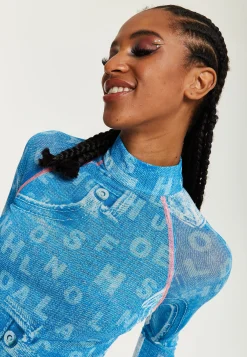 House Of Holland Denim Print High-Neck Top