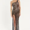 House of Holland Elegant One-Shoulder Sheer Black Gown with Rhinestone