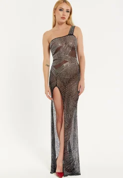 House of Holland Elegant One-Shoulder Sheer Black Gown with Rhinestone