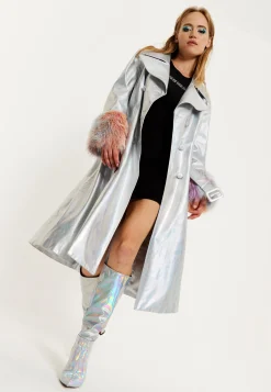 House Of Holland Fur Cuff Iridescent Trench Coat