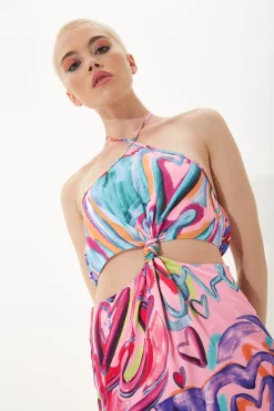 House Of Holland Heart Print Midi Dress With A Waist And Back Knotted