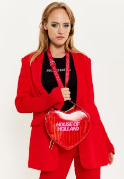 House Of Holland Heart Shape Shoulder Bag In Red With Logo Printed Acr