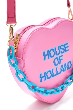 House Of Holland Heart Shape Cross Body Bag In Pink With A Chain Detai