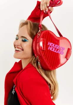 House Of Holland Heart Shape Shoulder Bag In Red With Logo Printed Acr