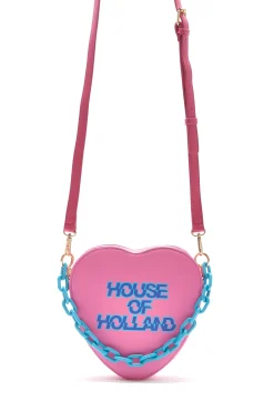 House Of Holland Heart Shape Cross Body Bag In Pink With A Chain Detai
