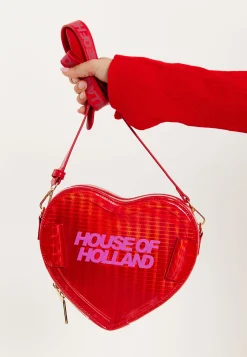 House Of Holland Heart Shape Shoulder Bag In Red With Logo Printed Acr
