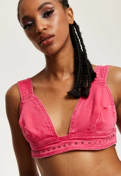 House of Holland Hot Pink Denim Studded Bralette