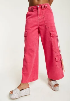House of Holland Hot Pink Denim Wide Leg Cargo Trousers