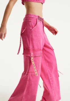 House of Holland Hot Pink Denim Wide Leg Cargo Trousers