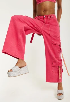 House of Holland Hot Pink Denim Wide Leg Cargo Trousers
