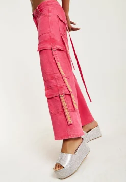 House of Holland Hot Pink Denim Wide Leg Cargo Trousers