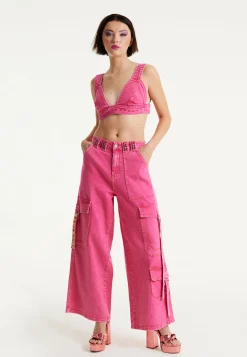 House of Holland Hot Pink Denim Wide Leg Cargo Trousers