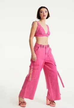 House of Holland Hot Pink Denim Wide Leg Cargo Trousers