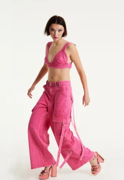 House of Holland Hot Pink Denim Wide Leg Cargo Trousers