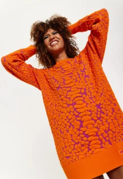 House of Holland Jacquard Duo Jumper Dress in Orange & Pink
