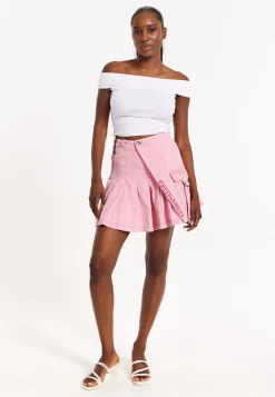 House of Holland Light Pink Pleated Denim Skirt with Studded Embroider
