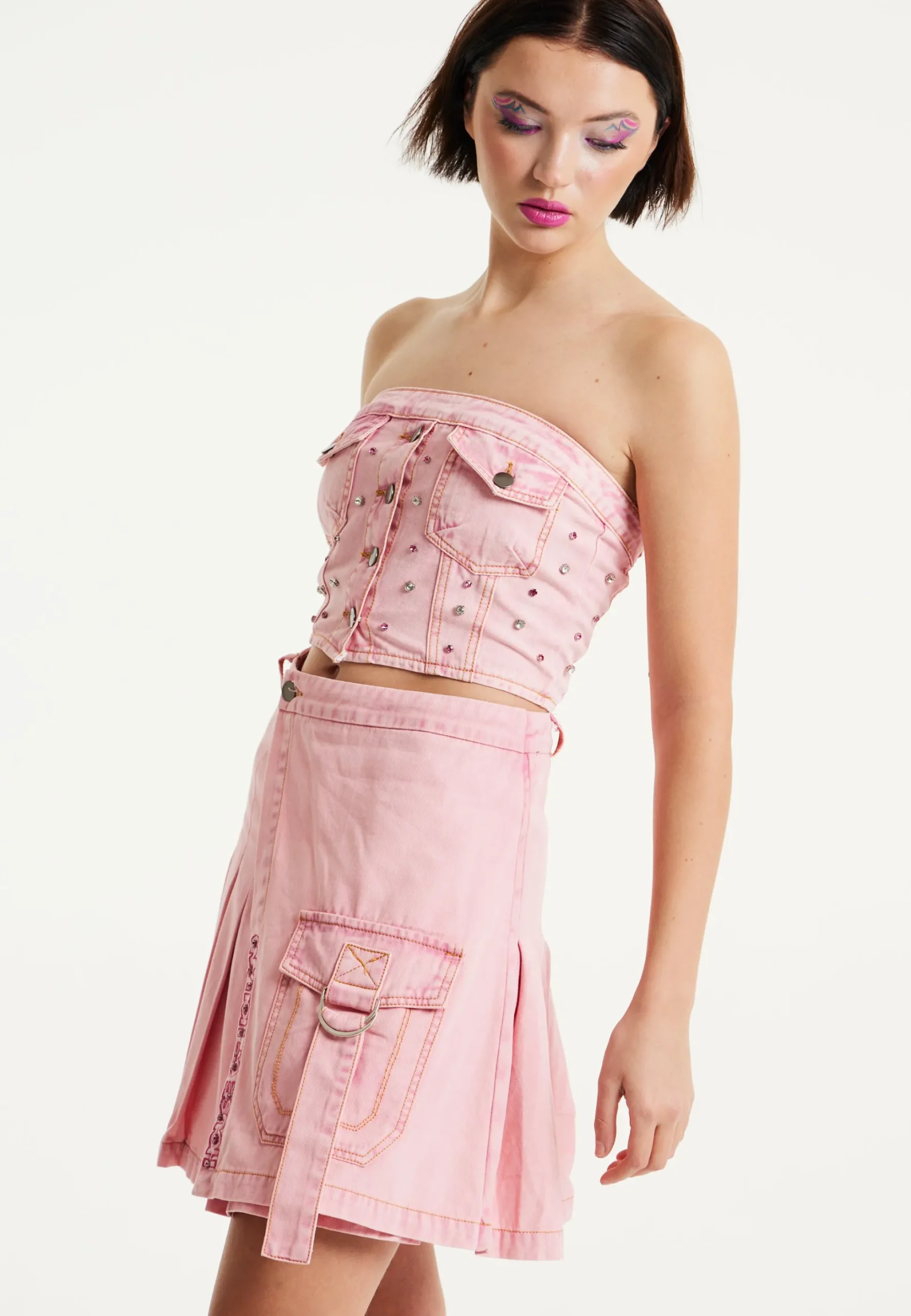 House of Holland Light Pink Pleated Denim Skirt with Studded Embroider