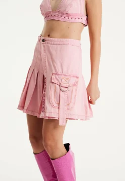 House of Holland Light Pink Pleated Denim Skirt with Studded Embroider