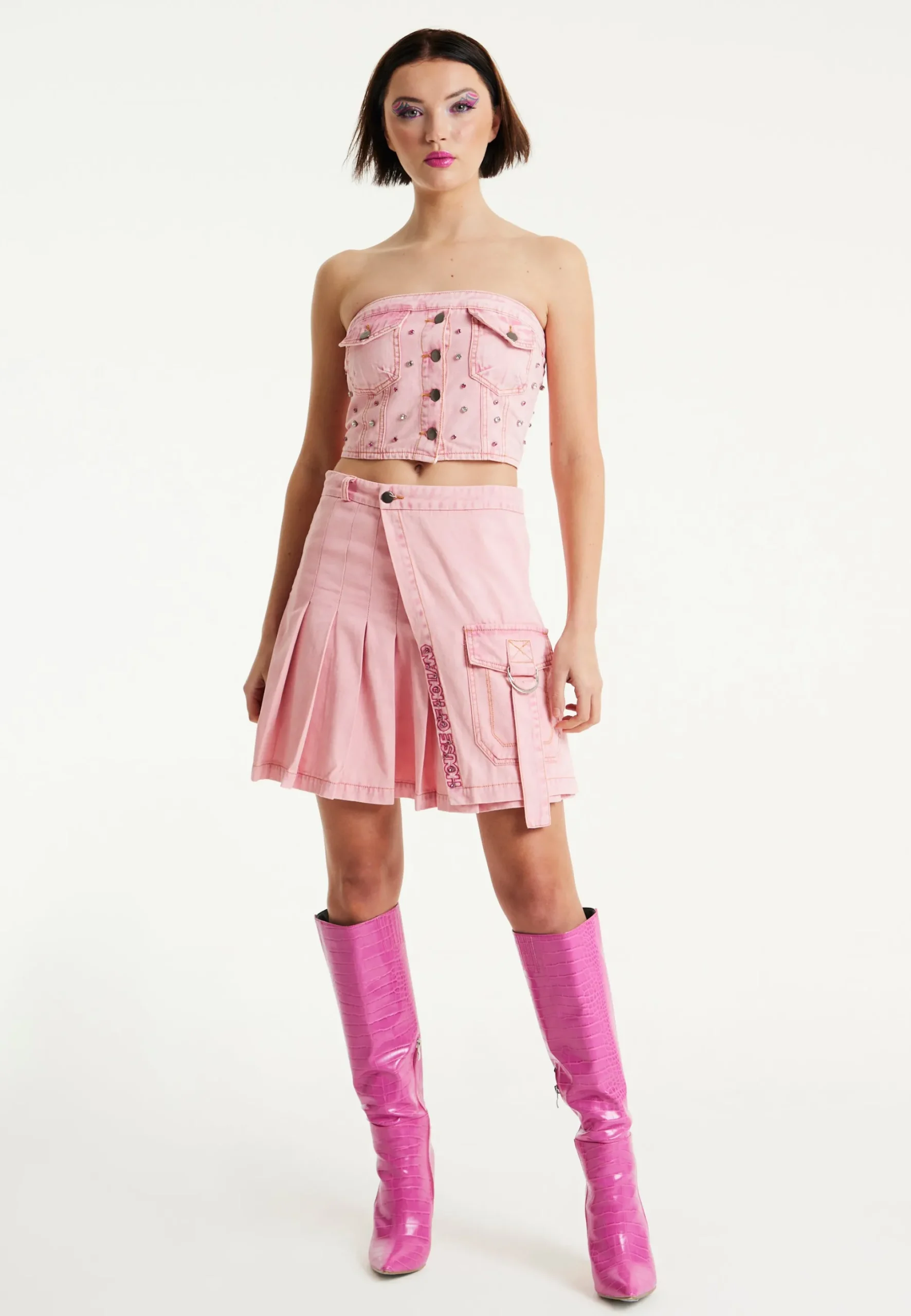 House of Holland Light Pink Pleated Denim Skirt with Studded Embroider