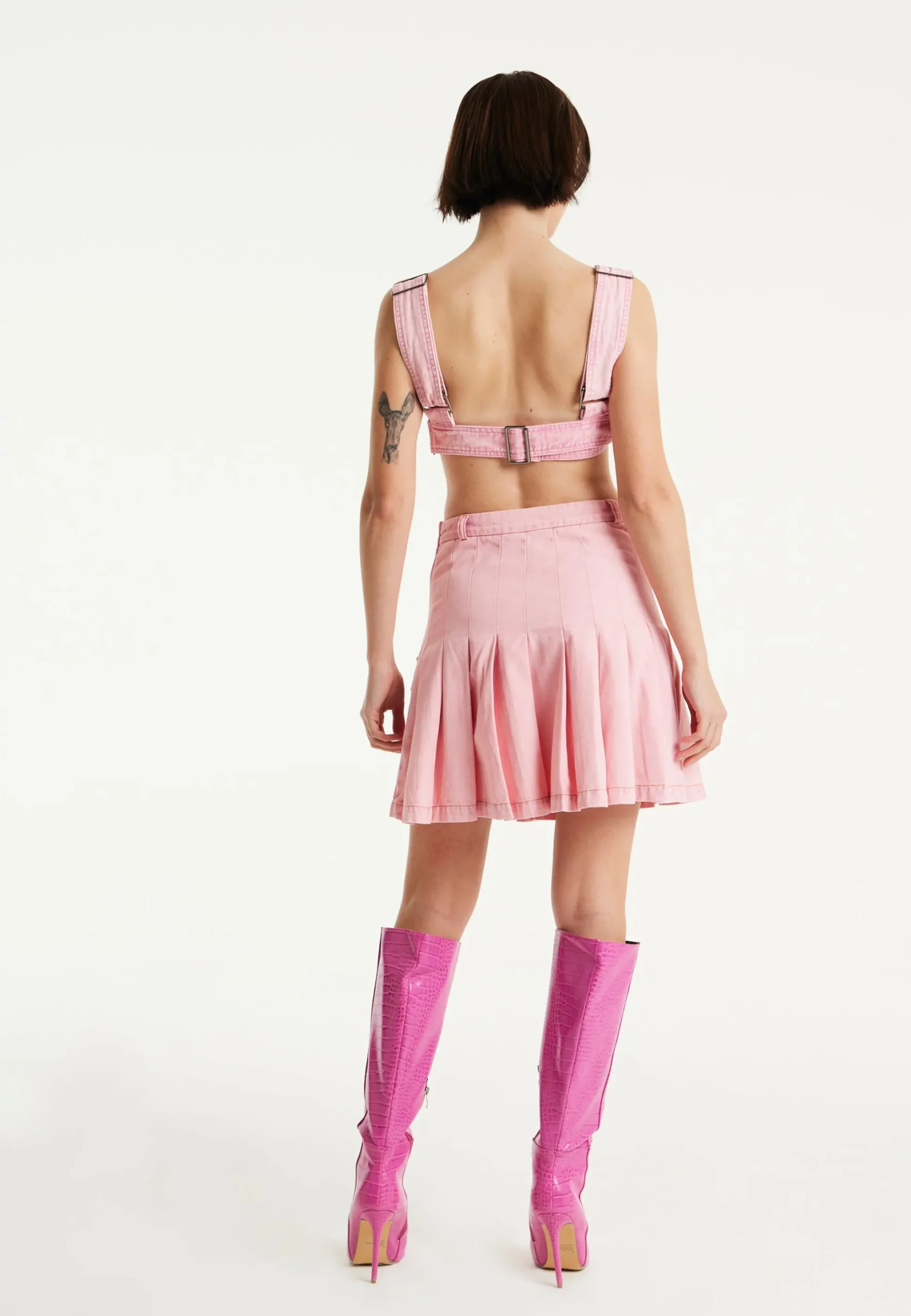 House of Holland Light Pink Pleated Denim Skirt with Studded Embroider