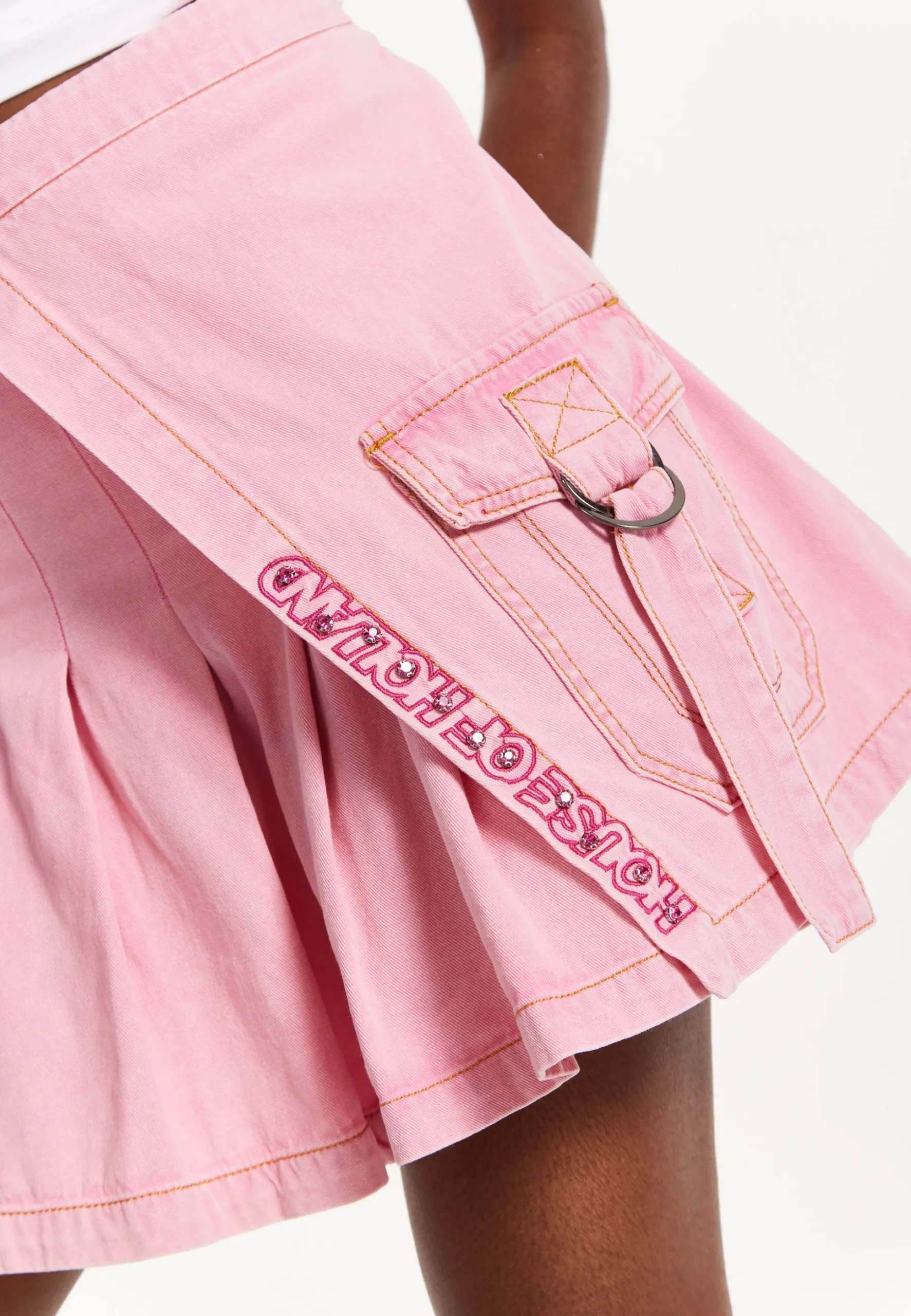 House of Holland Light Pink Pleated Denim Skirt with Studded Embroider