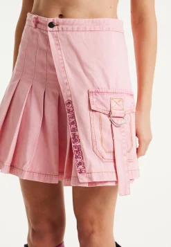 House of Holland Light Pink Pleated Denim Skirt with Studded Embroider