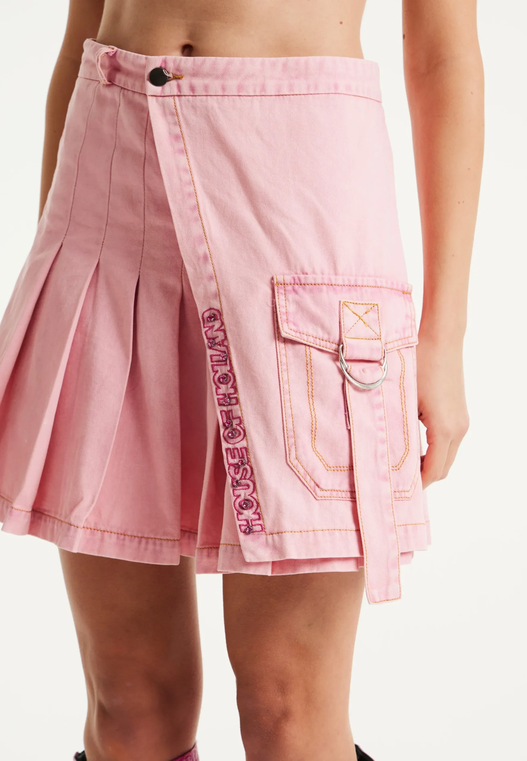 House of Holland Light Pink Pleated Denim Skirt with Studded Embroider