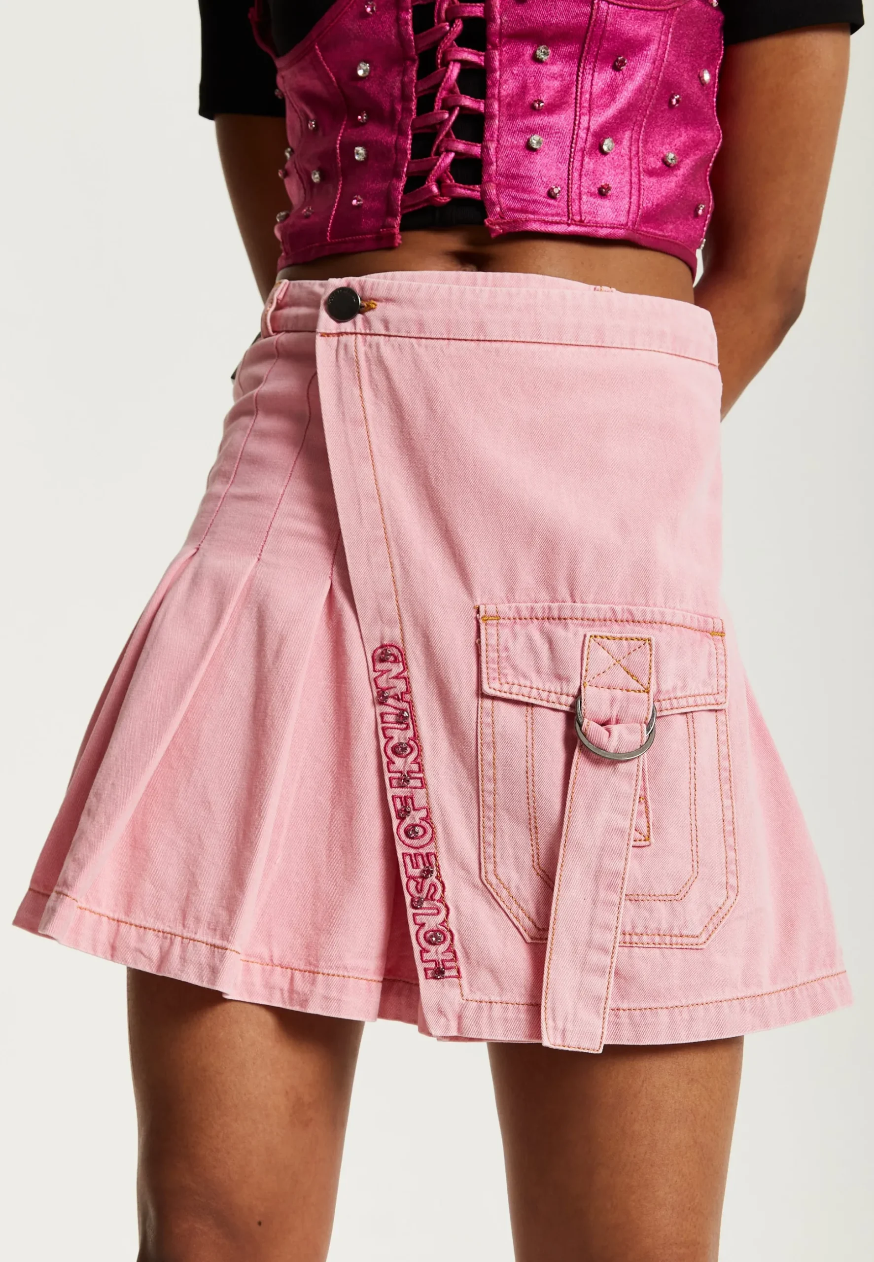 House of Holland Light Pink Pleated Denim Skirt with Studded Embroider