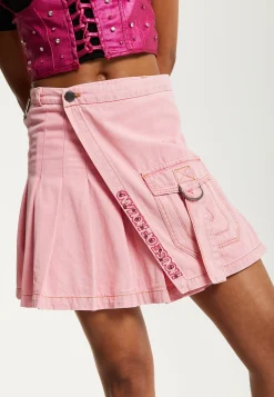 House of Holland Light Pink Pleated Denim Skirt with Studded Embroider