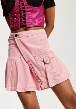 House of Holland Light Pink Pleated Denim Skirt with Studded Embroider