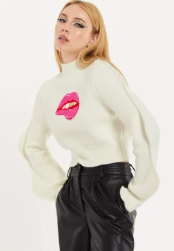 House Of Holland Lip Embroidery Wave Sleeve Jumper In White