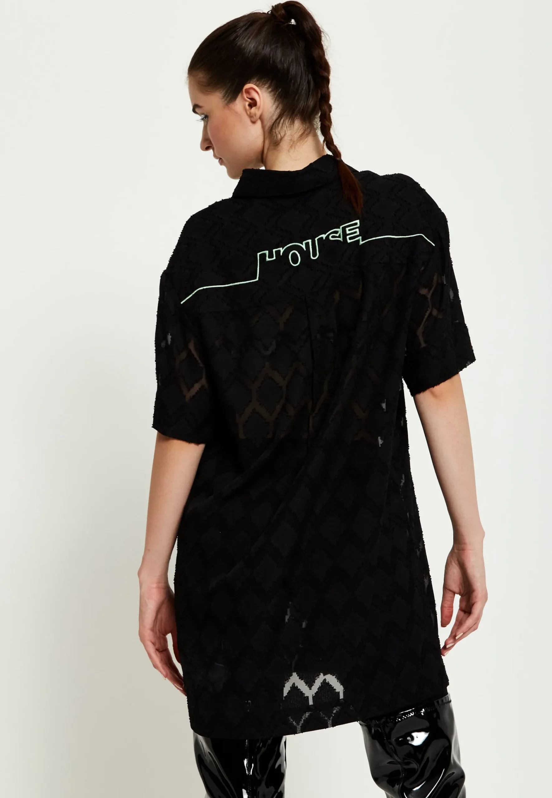 House Of Holland Logo Back Shirt In Black With Green Embroidery