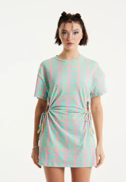 House Of Holland Logo Printed Mini Jersey Dress with Cut Out Details a