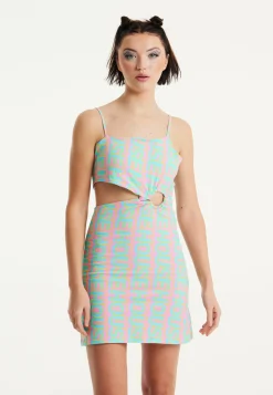 House Of Holland Logo Printed Jersey Mini Dress in Blue and Pink