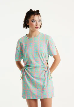 House Of Holland Logo Printed Mini Jersey Dress with Cut Out Details a