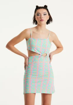 House Of Holland Logo Printed Jersey Mini Dress in Blue and Pink