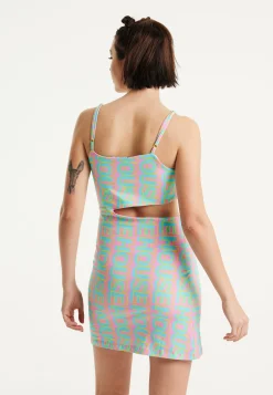 House Of Holland Logo Printed Jersey Mini Dress in Blue and Pink