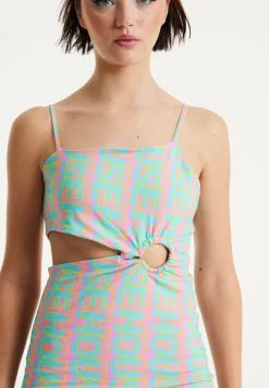 House Of Holland Logo Printed Jersey Mini Dress in Blue and Pink
