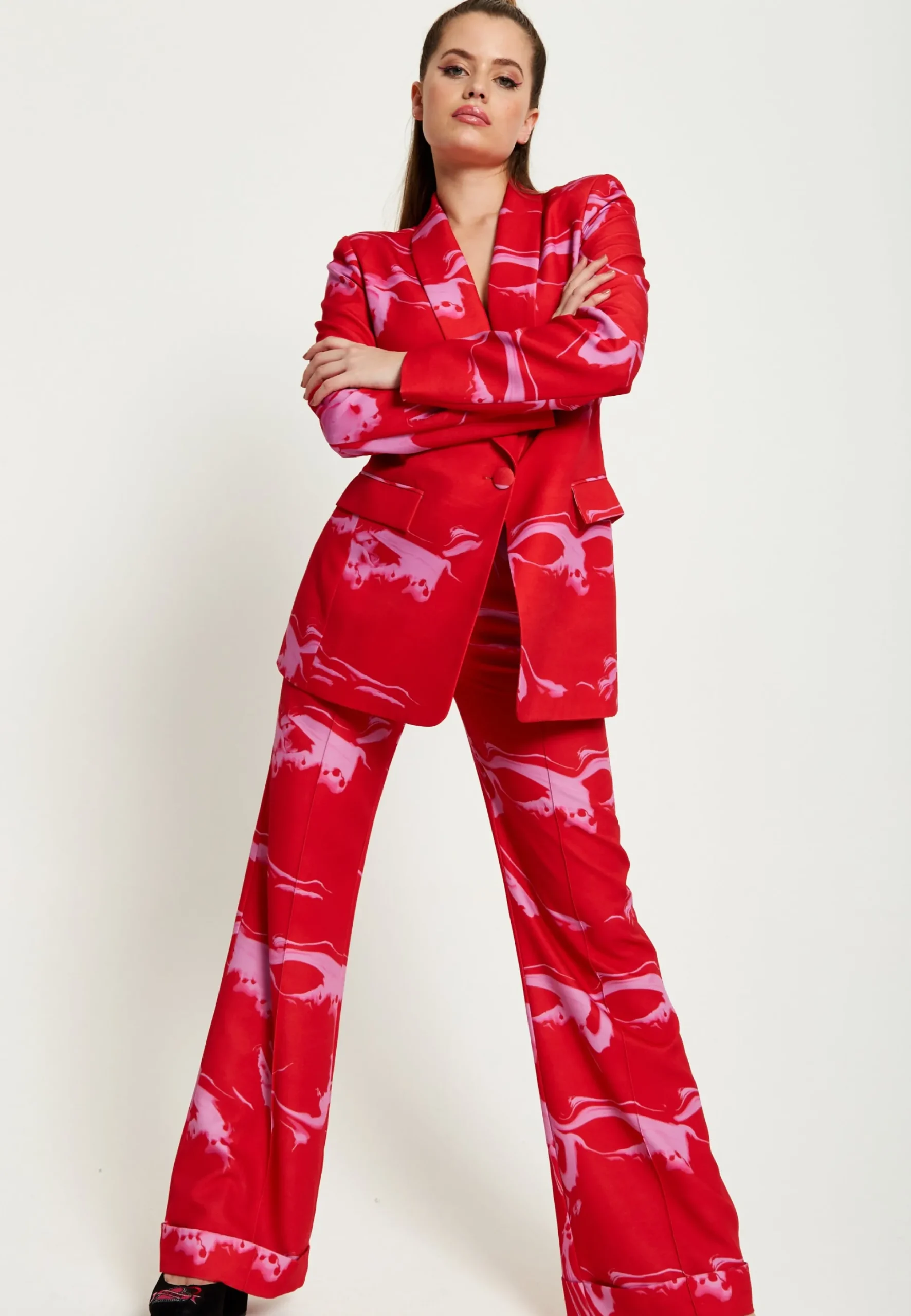House Of Holland Marble Print Suit Trouser in Red And Pink