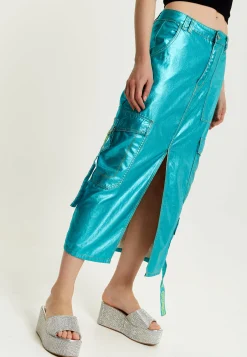 House Of Holland Metallic Blue Midi Skirt