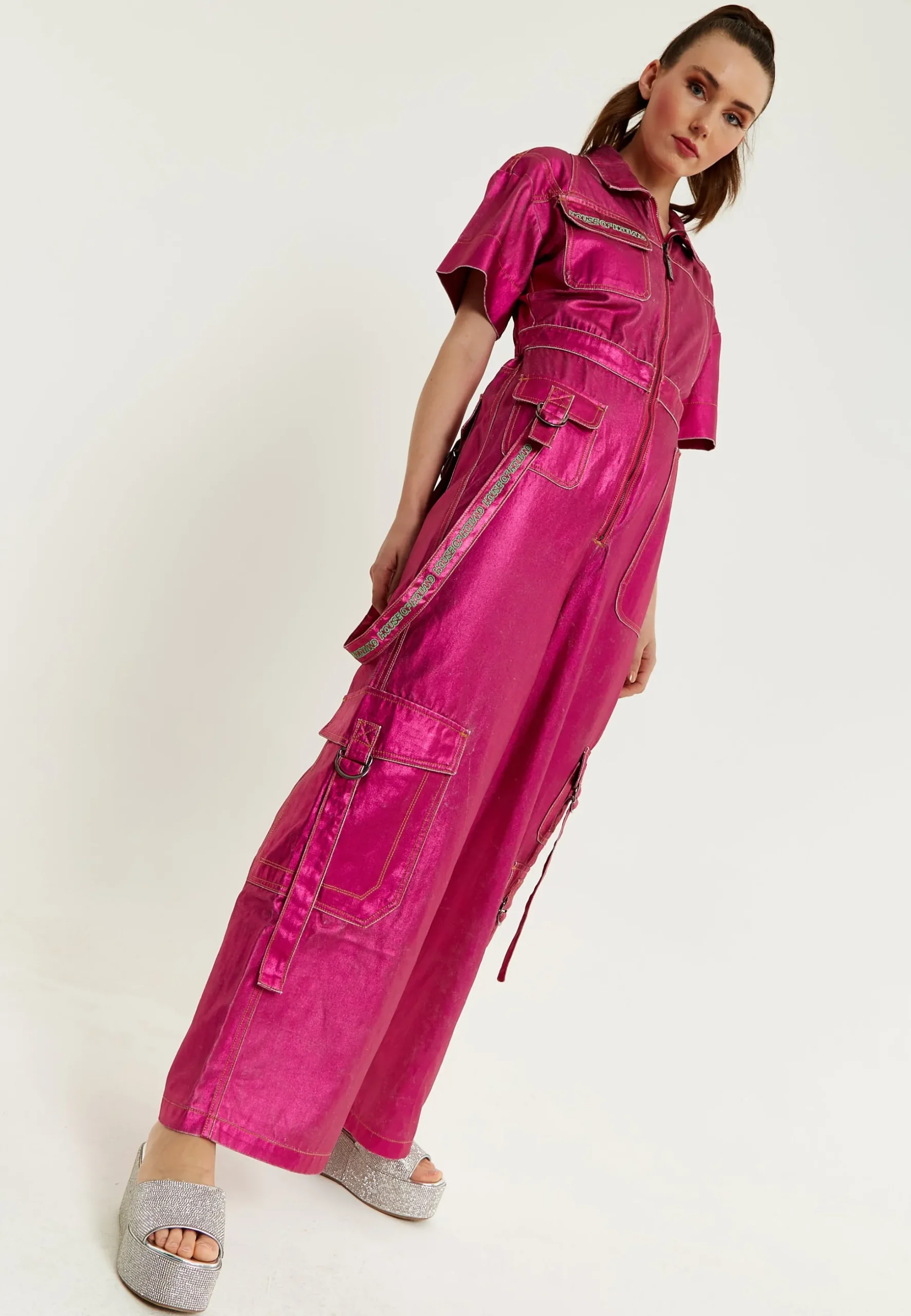 House Of Holland Metallic Utility Jumpsuit In Fuchsia