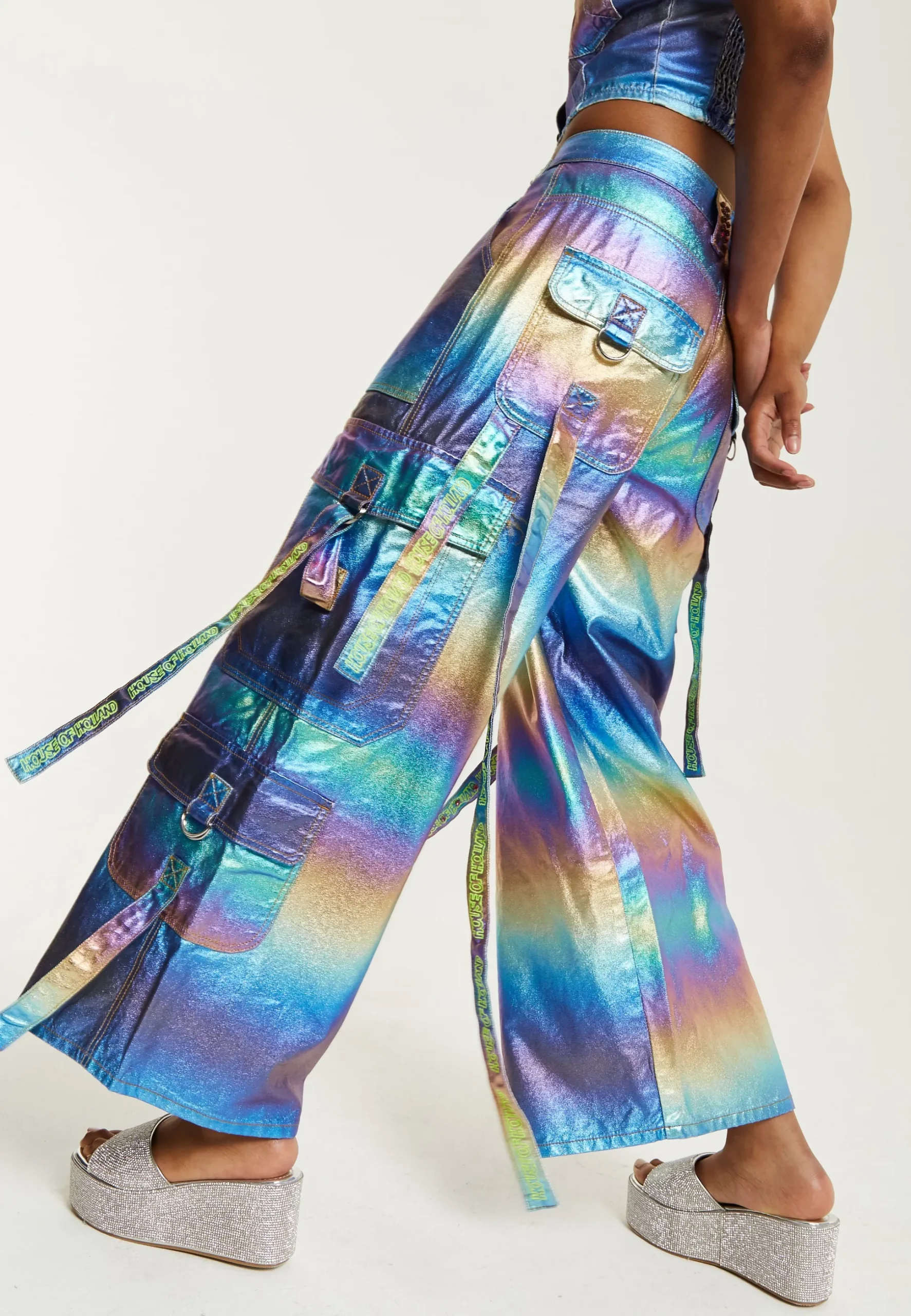 House Of Holland Metallic Rainbow Cargo Trousers