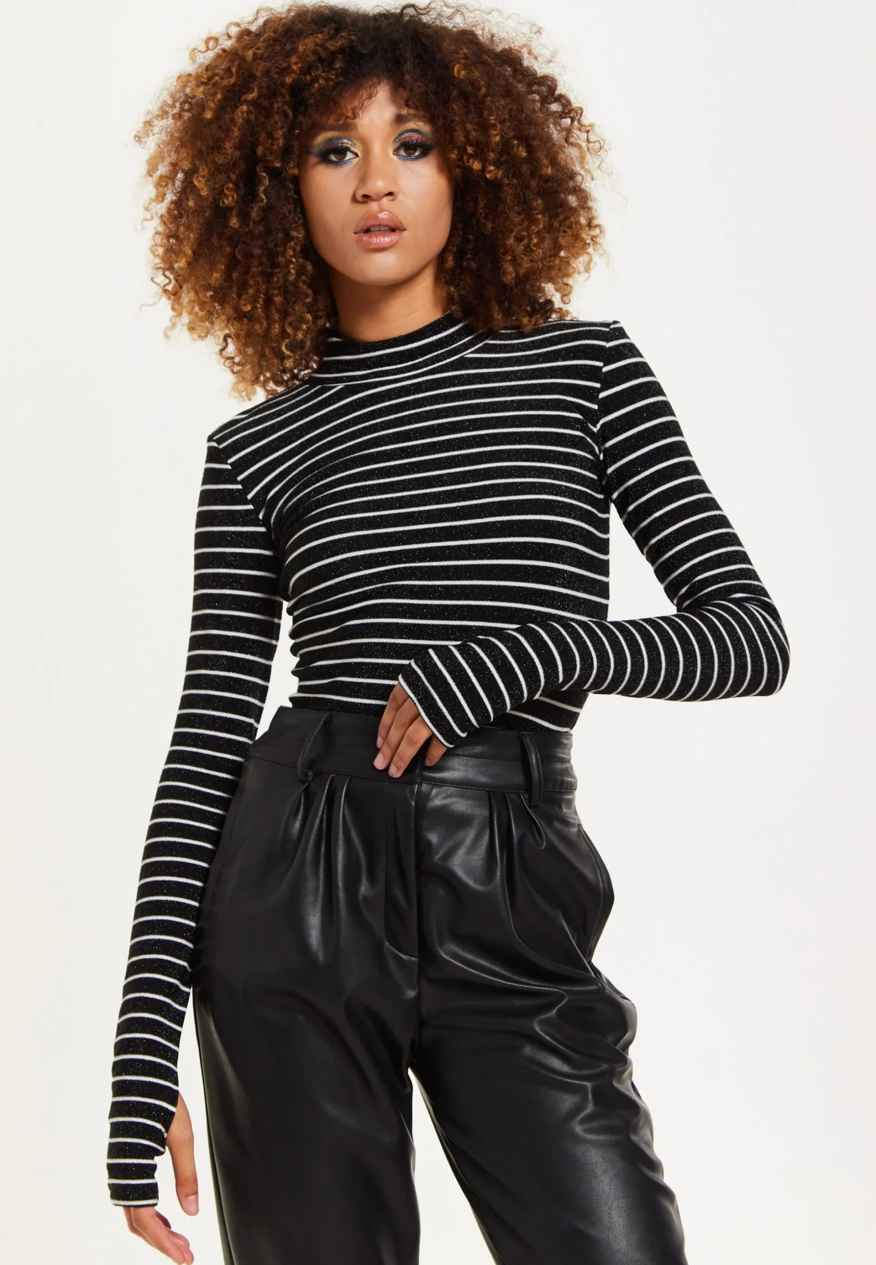 House of Holland Midnight Sparkle Striped Hi Neck Lurex Top