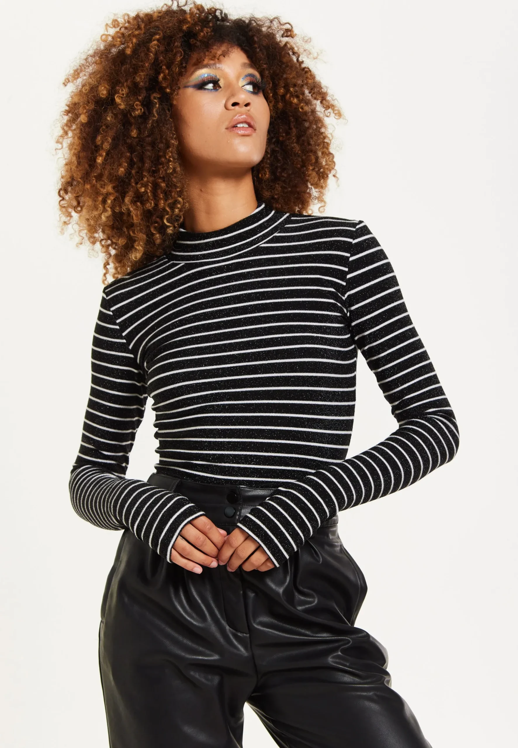 House of Holland Midnight Sparkle Striped Hi Neck Lurex Top
