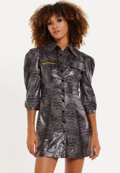 House Of Holland Mini Dress in Grey Wet Look Zebra Stripe