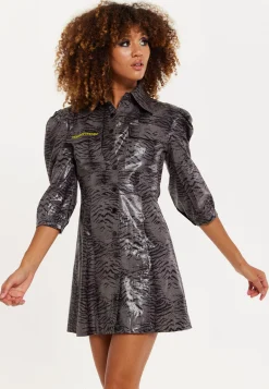House Of Holland Mini Dress in Grey Wet Look Zebra Stripe