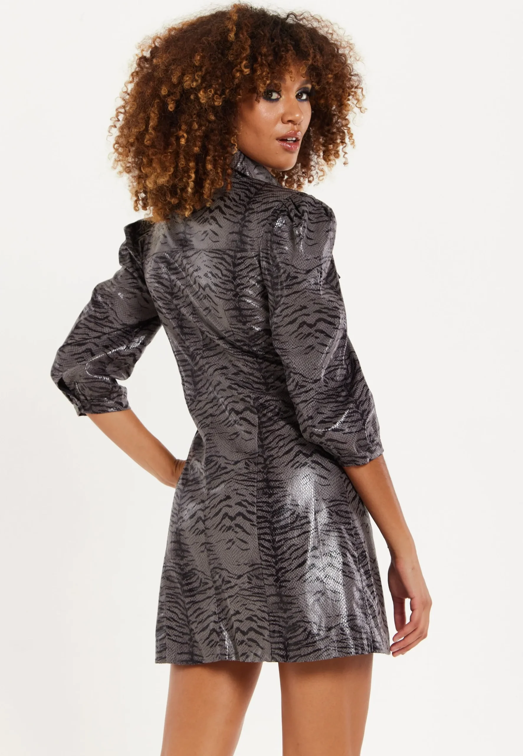 House Of Holland Mini Dress in Grey Wet Look Zebra Stripe