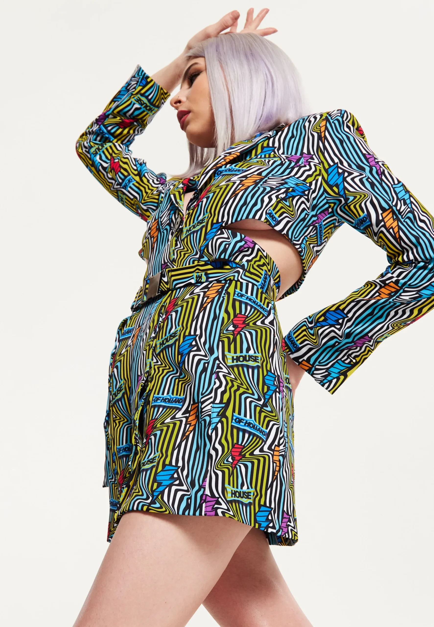 House Of Holland Mini Jacket Dress Lightning Bolt Print With Buckle Fa