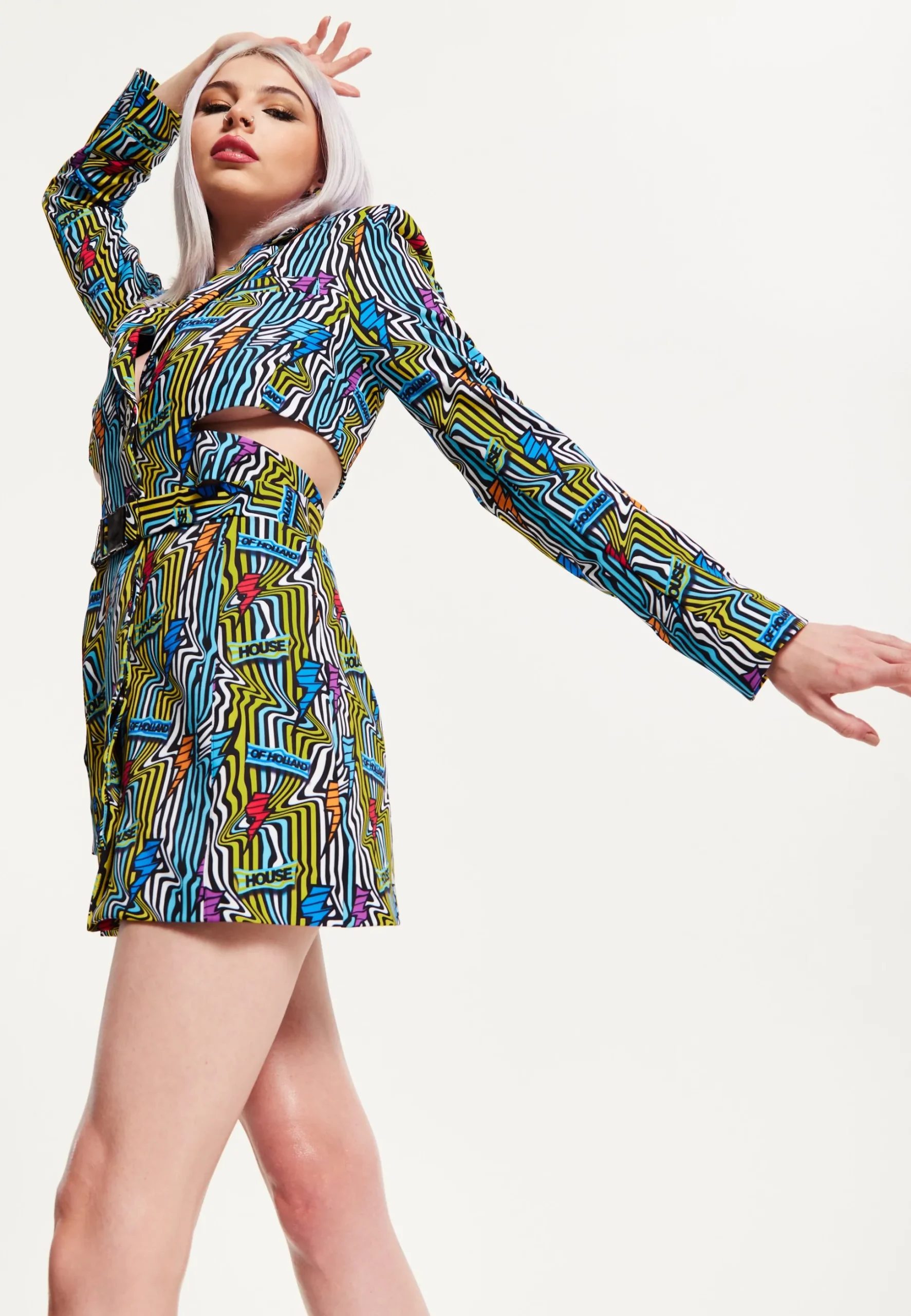 House Of Holland Mini Jacket Dress Lightning Bolt Print With Buckle Fa