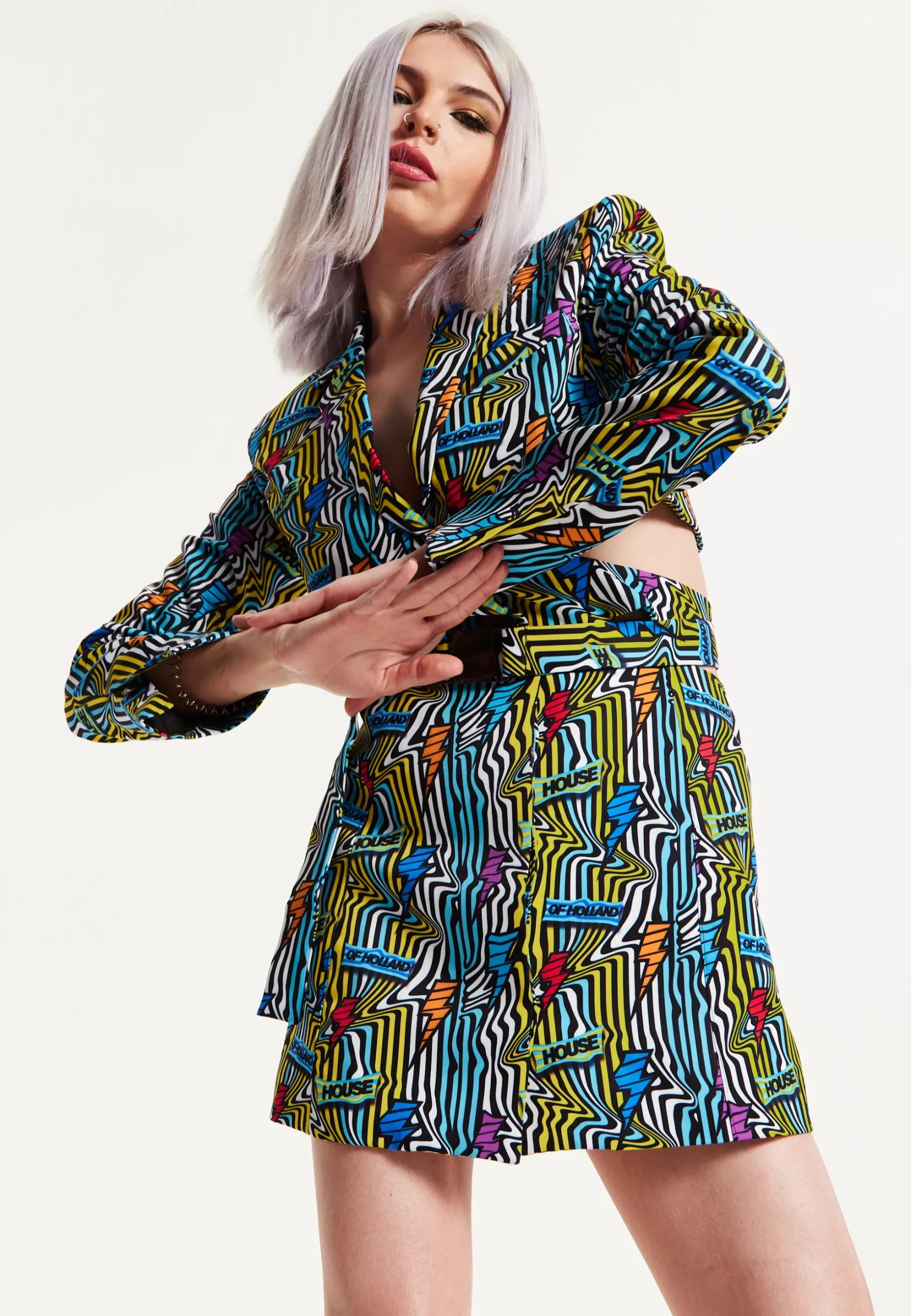 House Of Holland Mini Jacket Dress Lightning Bolt Print With Buckle Fa